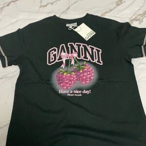 Ganni Sustainable raspberry Bow Graphic Tee Black Have A Nice Day Designers Shir